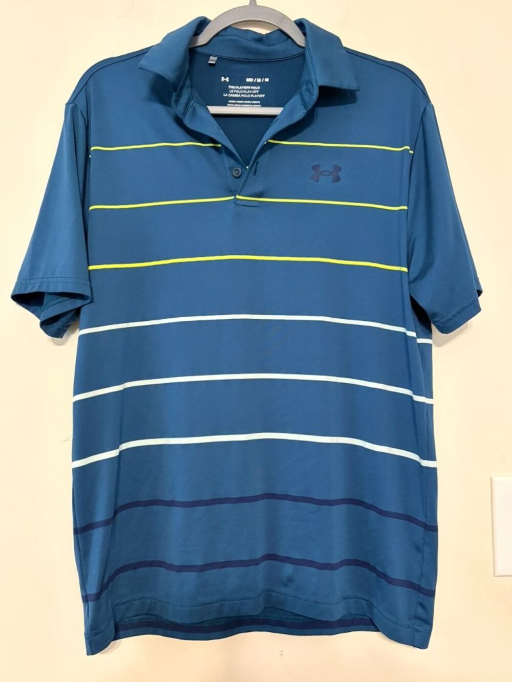 Men's Blue Yellow White Striped Under Armour Playoff Polo Shirt Size Medium